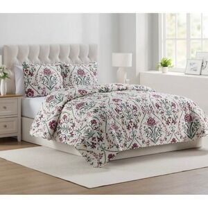 NEW 3 Piece Floral Quilt Set King Damask Floral Boho Green Cottage Shabby Chic